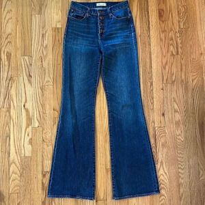 Madewell sz 25 Flea Market Flares Inseam 33” rise 10” med wash distressed areas